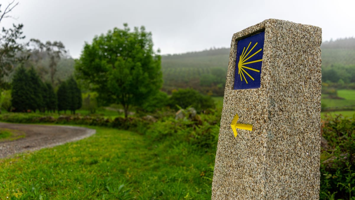 Une borne de pierre portant la coquille et la flèche jaune du chemin de Compostelle, au bord d’un sentier