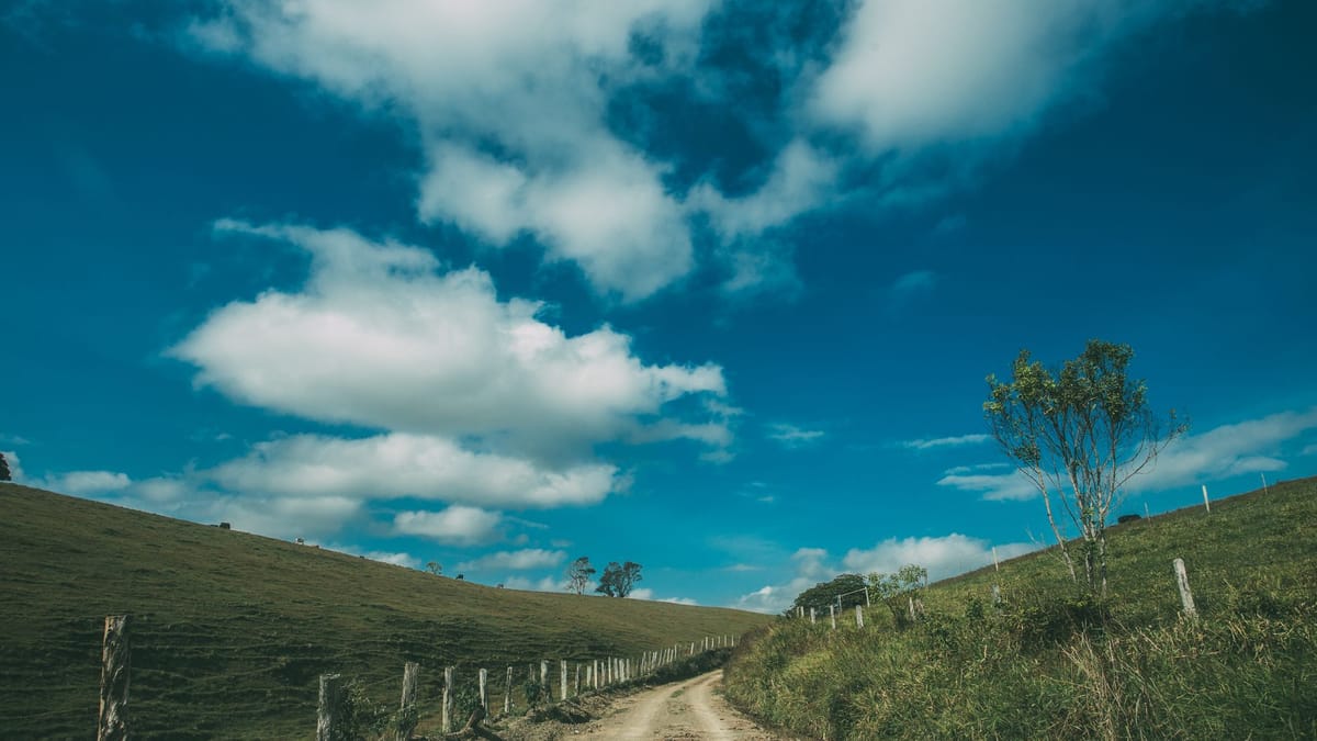 Un chemin de terre bordé de piquets de clôture, sous un grand ciel nuageux